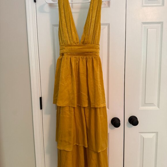 Lulus Peak Party Vibe Mustard Yellow Satin Tiered Tie-back Midi Dress - Size L - Picture 7 of 10